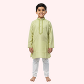 Light Green Cotton Kurta - Embroidered Neckline