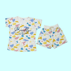 Printed Co-ord Set for Girls — Sky Blue & Cream | Brooklyn New York Print | Soft Hosiery Sinker Fabric - BW805