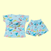 Printed Co-ord Set for Girls — Sky Blue & Cream | Brooklyn New York Print | Soft Hosiery Sinker Fabric - BW805