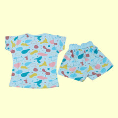Printed Co-ord Set for Girls — Sky Blue & Cream | Brooklyn New York Print | Soft Hosiery Sinker Fabric - BW805