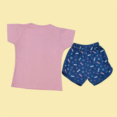 Yellow & Sky Sets for Girls with Silver Star Smile Print | Also in Pink & Navy | Soft Hosiery Sinker Fabric - BW807