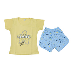 Yellow & Sky Sets for Girls with Silver Star Smile Print | Also in Pink & Navy | Soft Hosiery Sinker Fabric - BW807