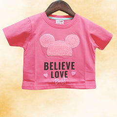 Dark Pink Crop Top for Girls with "Believe Love" & Half Mickey Design | Soft Hosiery Cotton - 2138
