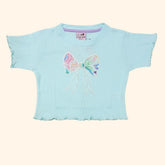 Pista Green & Blue Blend Crop Top for Girls with Embroidered Bow & Beads | Soft Hosiery Cotton - 2220