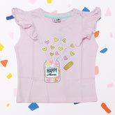 Baby Pink Top for Girls with "Happy Macau" Bottle Print | Soft Hosiery Cotton - 2230