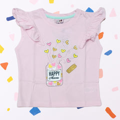 Baby Pink Top for Girls with "Happy Macau" Bottle Print | Soft Hosiery Cotton - 2230