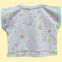 Sleeveless Sky Blue Crop Top for Girls with Smiley & Heart Print | Soft Hosiery Cotton - 2231