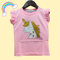 Neon Pink Sleeveless Top for Girls with Unicorn Print | Soft Hosiery Cotton - 2265