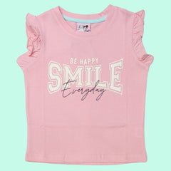 Pink Sleeveless Round Neck Top for Girls with "Be Happy Smile Everyday" Print | Soft Hosiery Cotton - 2303