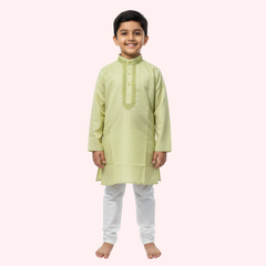 Light Green Cotton Kurta - Embroidered Neckline