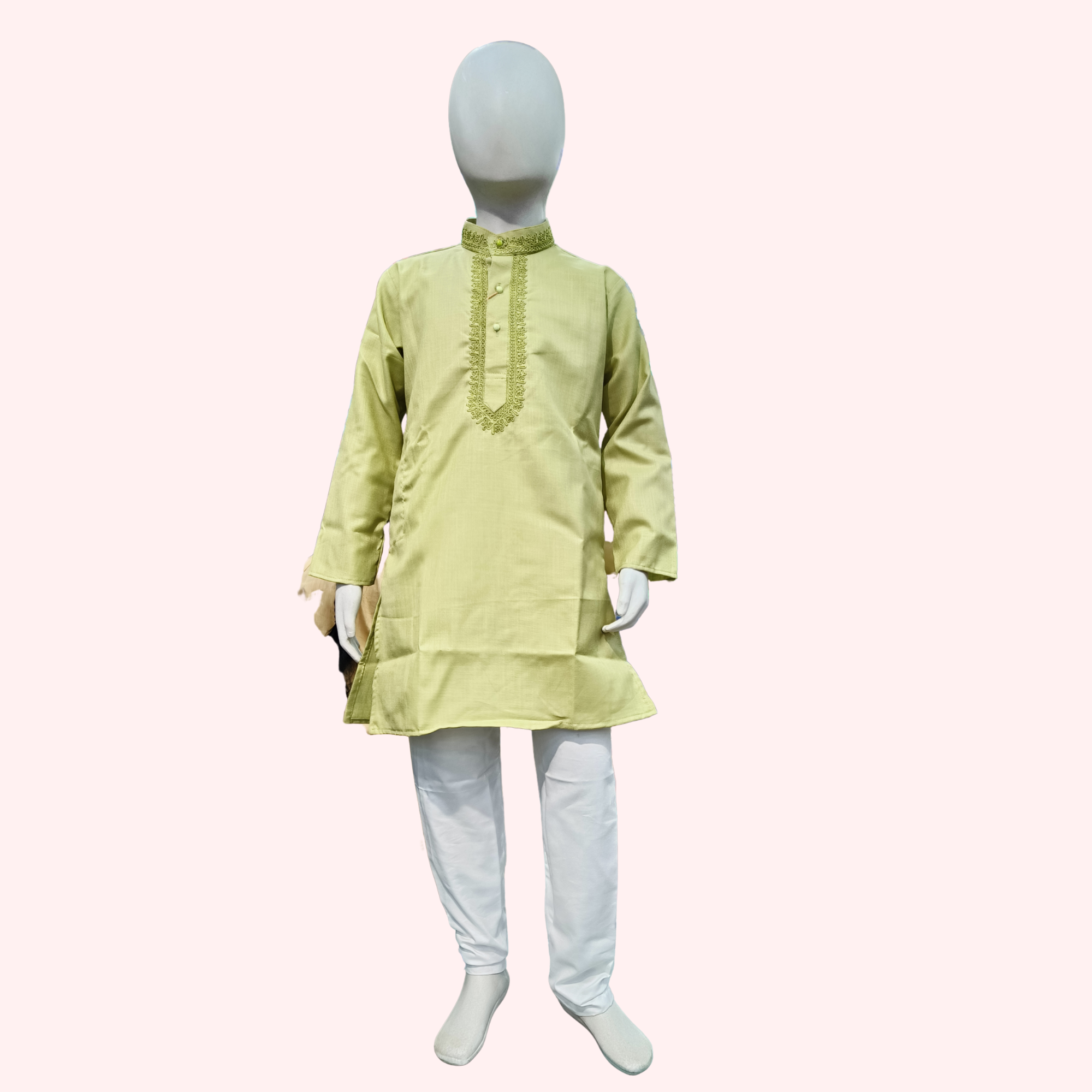 Light Green Cotton Kurta - Embroidered Neckline
