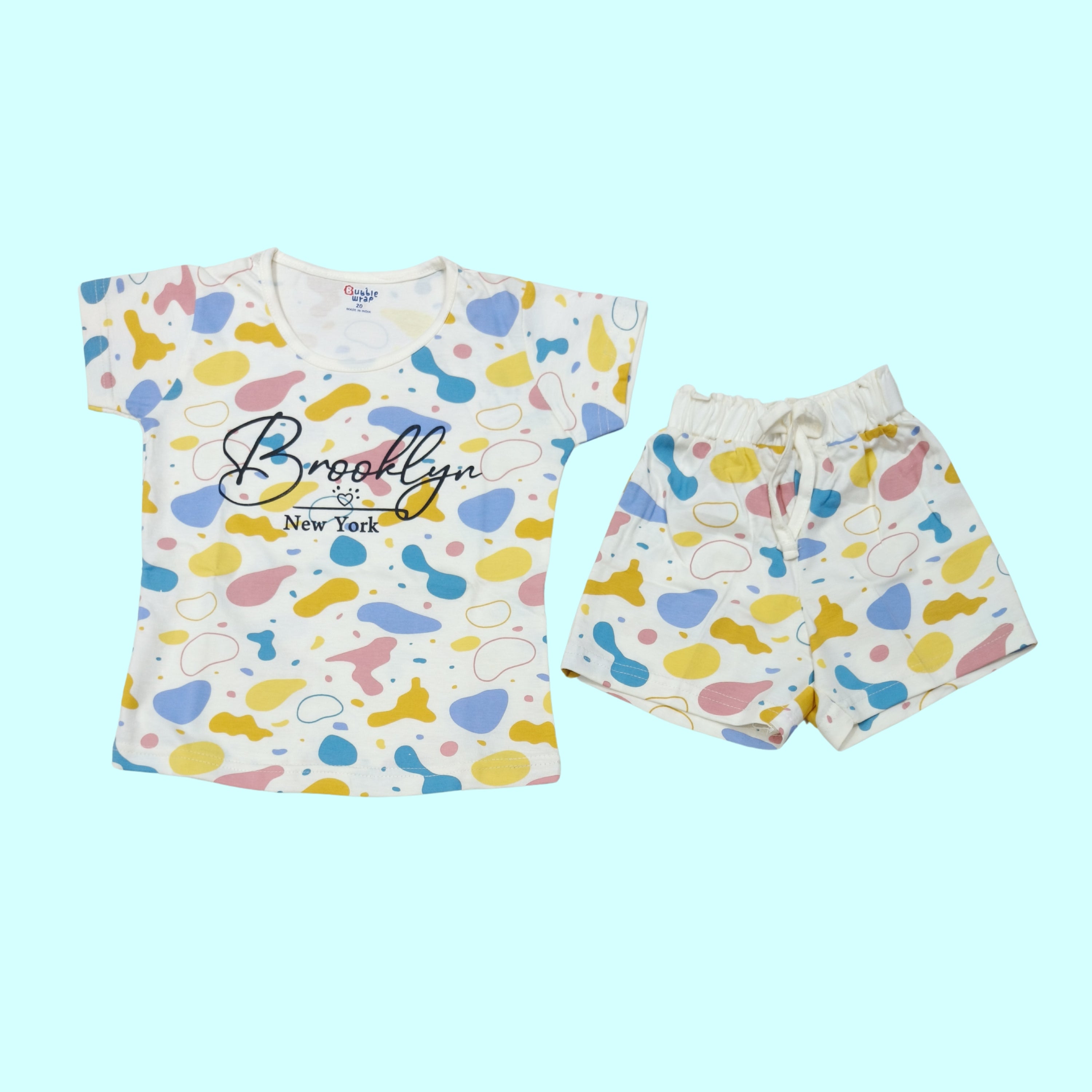 Printed Co-ord Set for Girls — Sky Blue & Cream | Brooklyn New York Print | Soft Hosiery Sinker Fabric - BW805