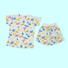 Printed Co-ord Set for Girls — Sky Blue & Cream | Brooklyn New York Print | Soft Hosiery Sinker Fabric - BW805