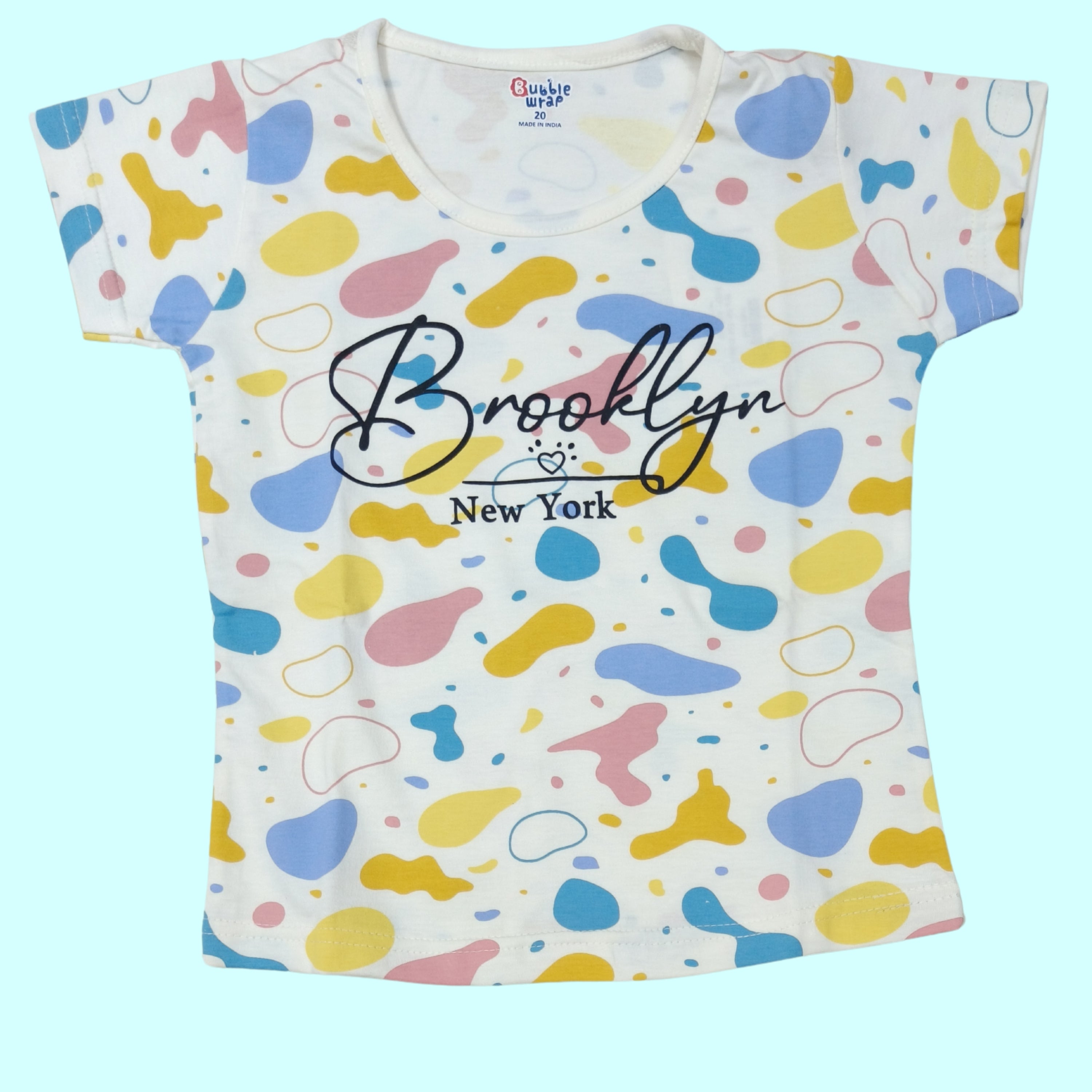 Printed Co-ord Set for Girls — Sky Blue & Cream | Brooklyn New York Print | Soft Hosiery Sinker Fabric - BW805