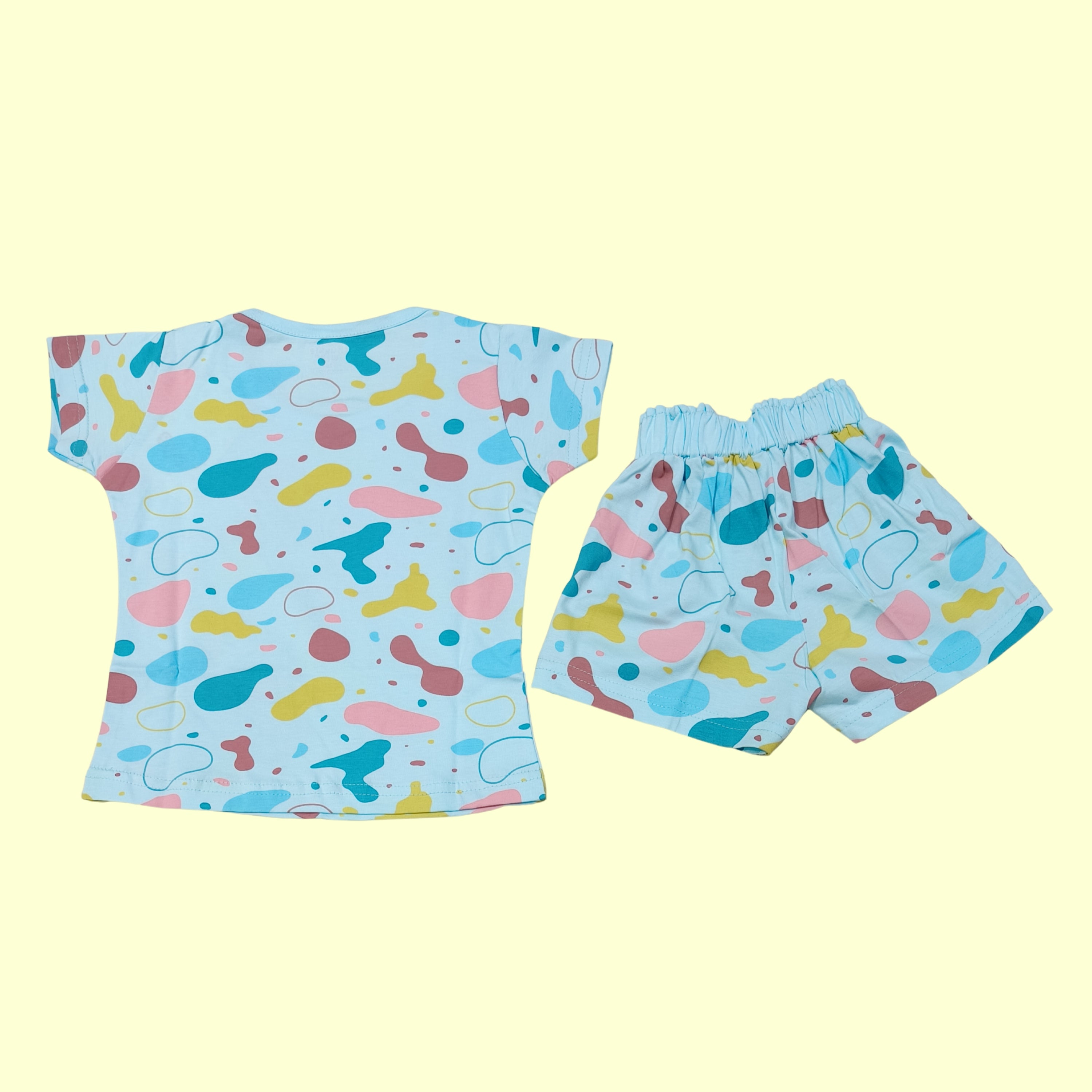Printed Co-ord Set for Girls — Sky Blue & Cream | Brooklyn New York Print | Soft Hosiery Sinker Fabric - BW805