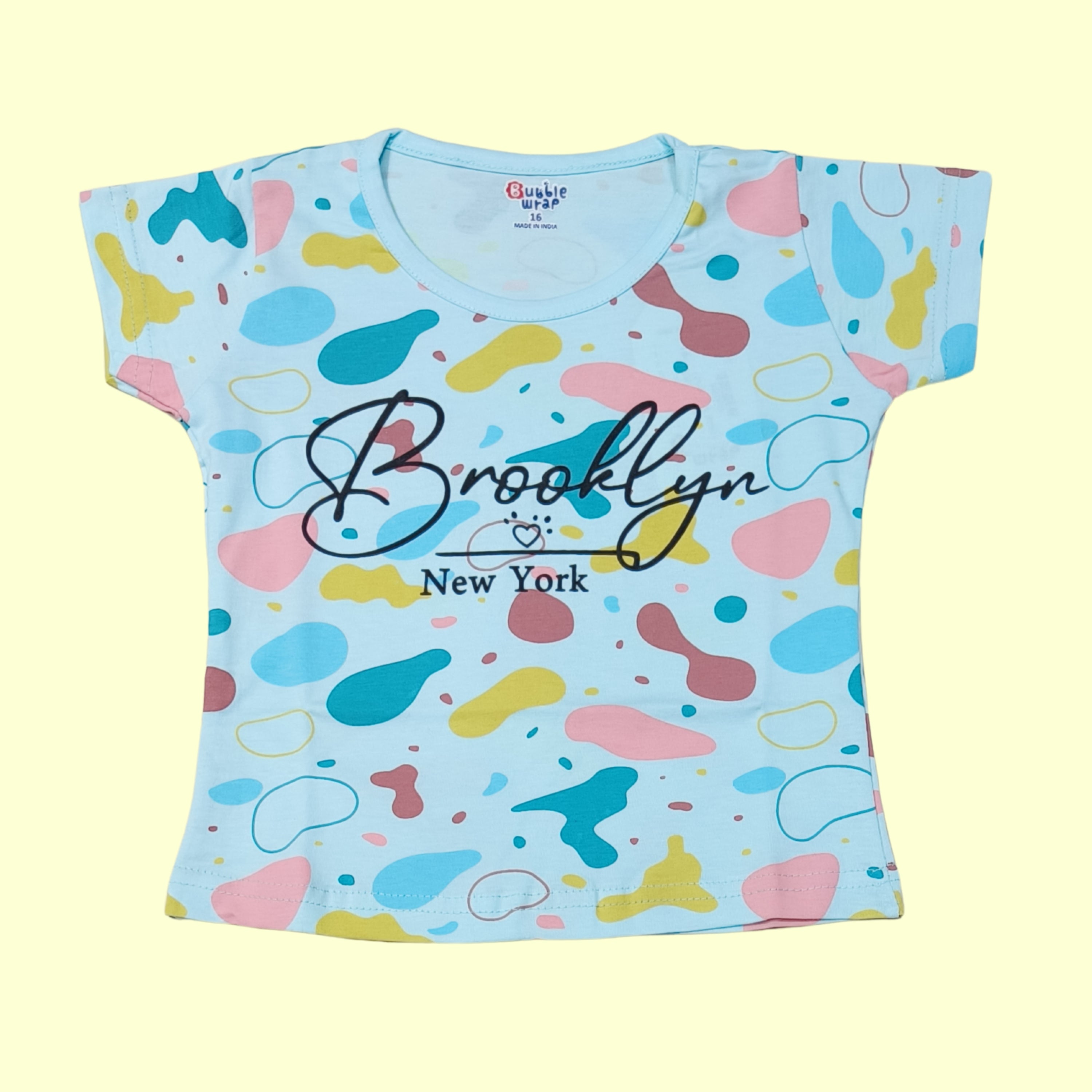 Printed Co-ord Set for Girls — Sky Blue & Cream | Brooklyn New York Print | Soft Hosiery Sinker Fabric - BW805