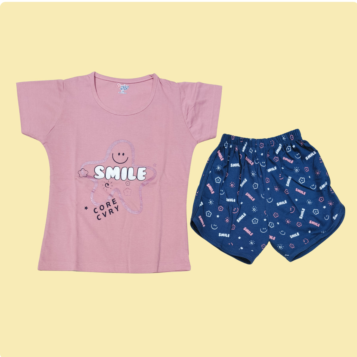 Yellow & Sky Sets for Girls with Silver Star Smile Print | Also in Pink & Navy | Soft Hosiery Sinker Fabric - BW807