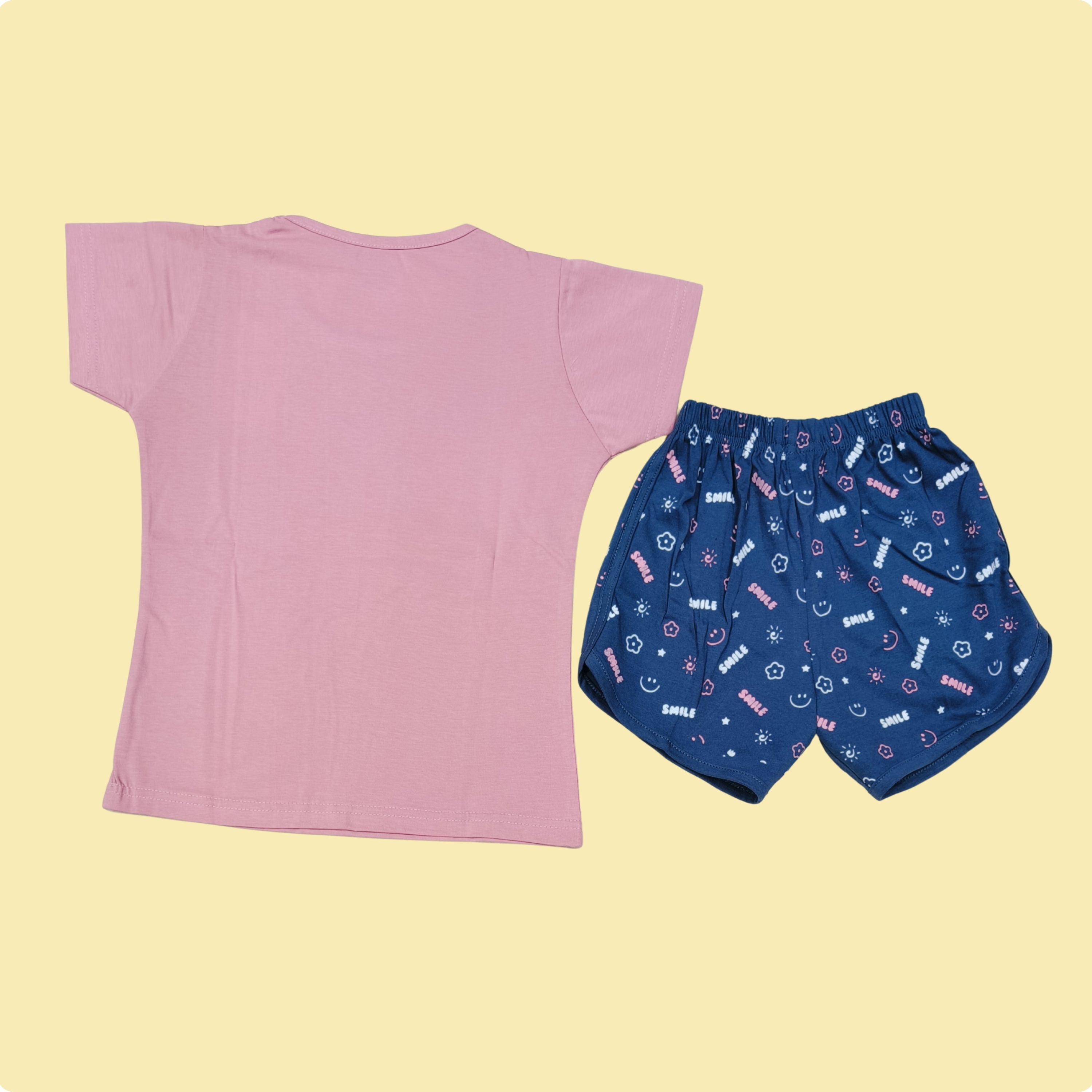 Yellow & Sky Sets for Girls with Silver Star Smile Print | Also in Pink & Navy | Soft Hosiery Sinker Fabric - BW807