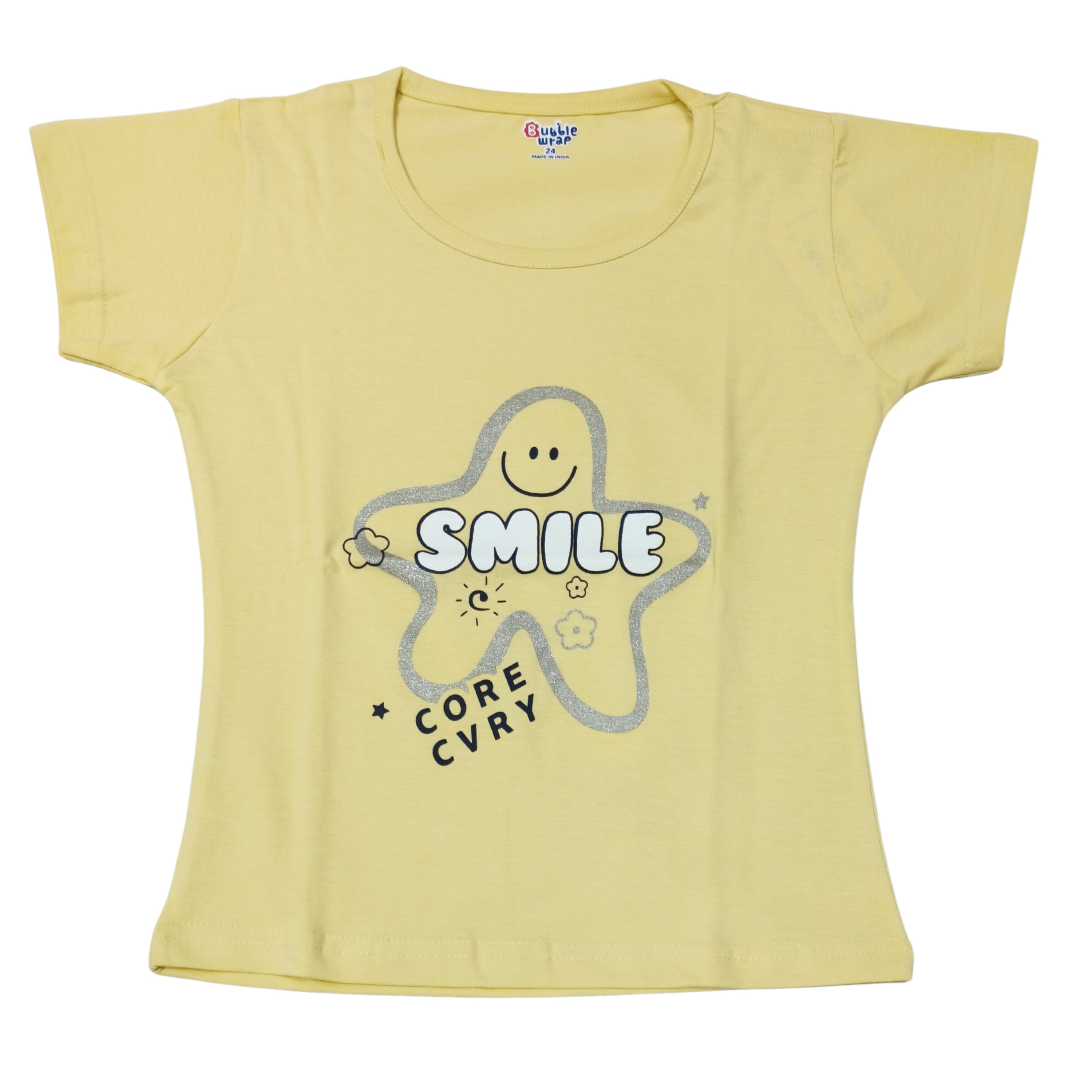 Yellow & Sky Sets for Girls with Silver Star Smile Print | Also in Pink & Navy | Soft Hosiery Sinker Fabric - BW807