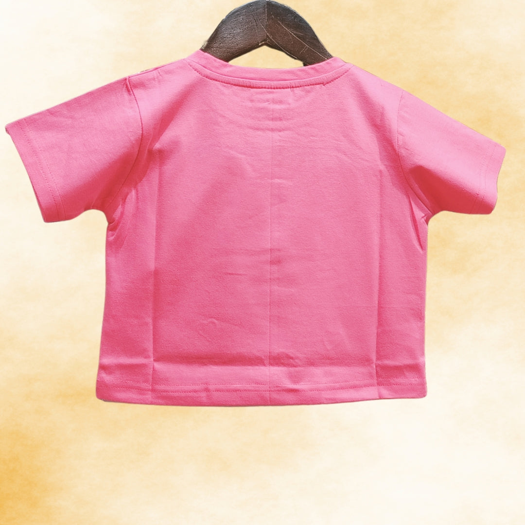 Dark Pink Crop Top for Girls with "Believe Love" & Half Mickey Design | Soft Hosiery Cotton - 2138