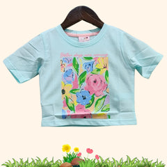 Sky Blue Crop Top for Girls with "Better Days Are Coming" & Floral Print | Soft Hosiery Cotton - 2215