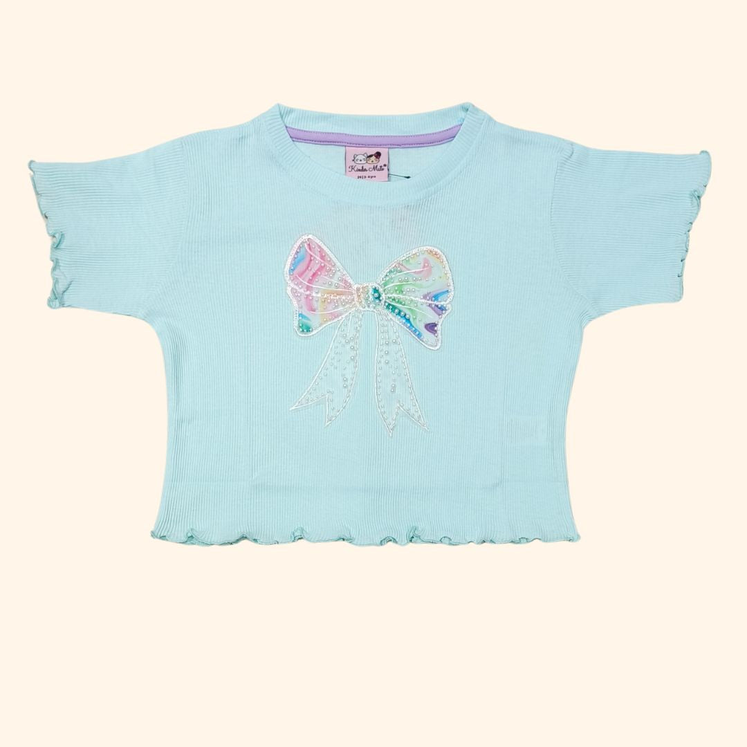Pista Green & Blue Blend Crop Top for Girls with Embroidered Bow & Beads | Soft Hosiery Cotton - 2220