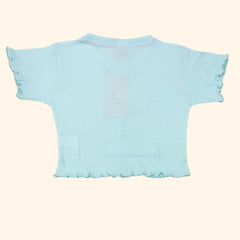 Pista Green & Blue Blend Crop Top for Girls with Embroidered Bow & Beads | Soft Hosiery Cotton - 2220