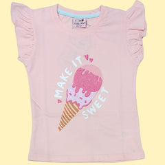Sweet Pink Top for Girls with Ice Cream Print | Soft Hosiery Cotton - 2222