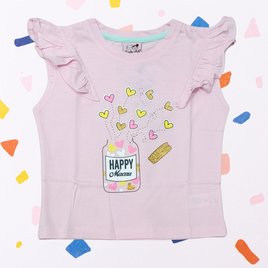 Baby Pink Top for Girls with "Happy Macau" Bottle Print | Soft Hosiery Cotton - 2230