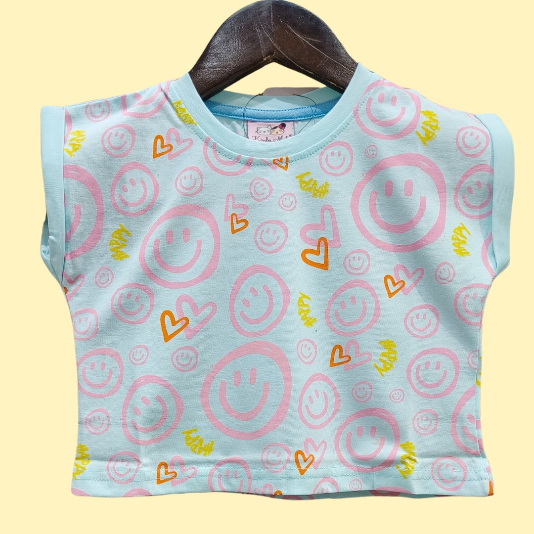 Sleeveless Sky Blue Crop Top for Girls with Smiley & Heart Print | Soft Hosiery Cotton - 2231