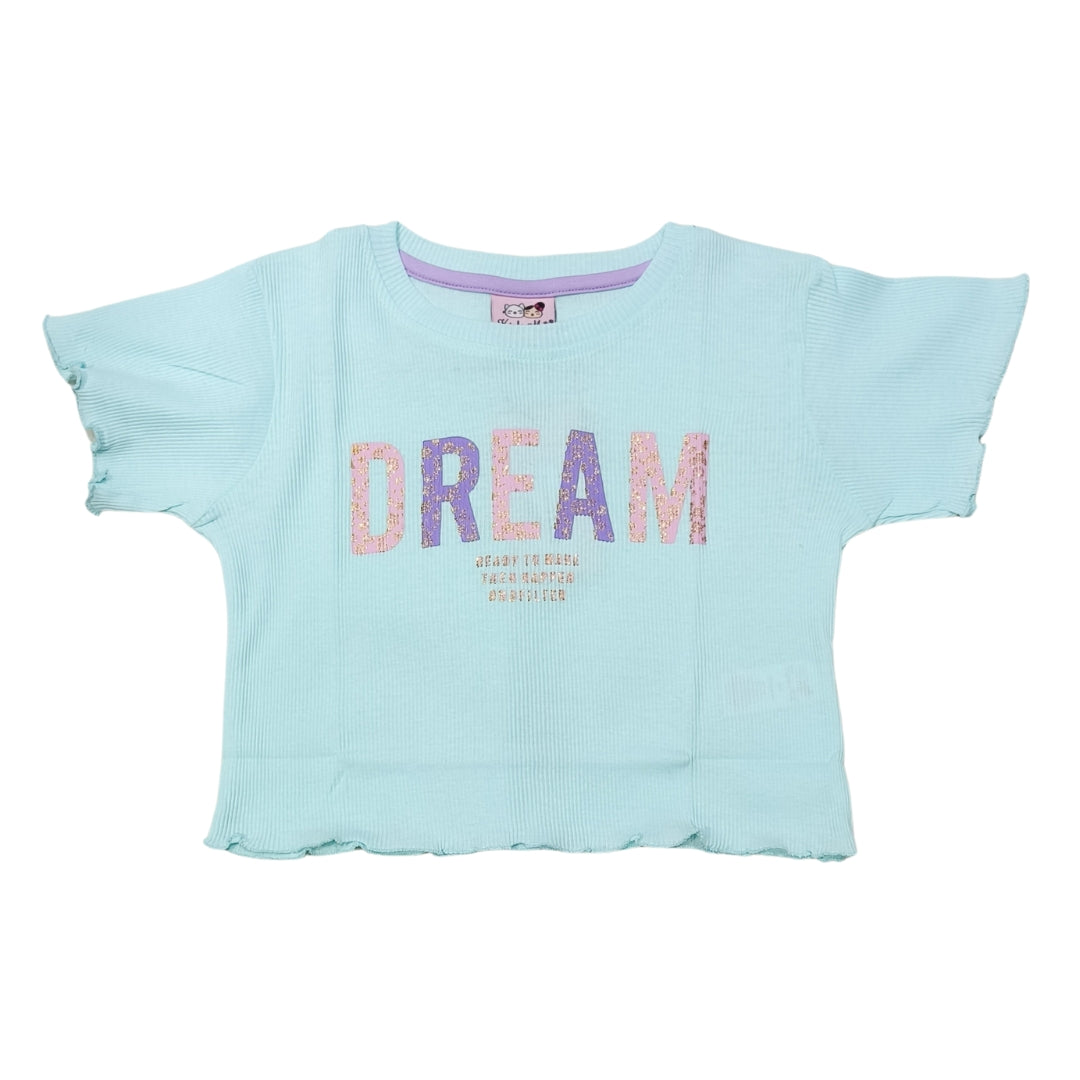 Sky Blue Crop Top for Girls with "Dream" Print | Soft Hosiery Cotton - 2233