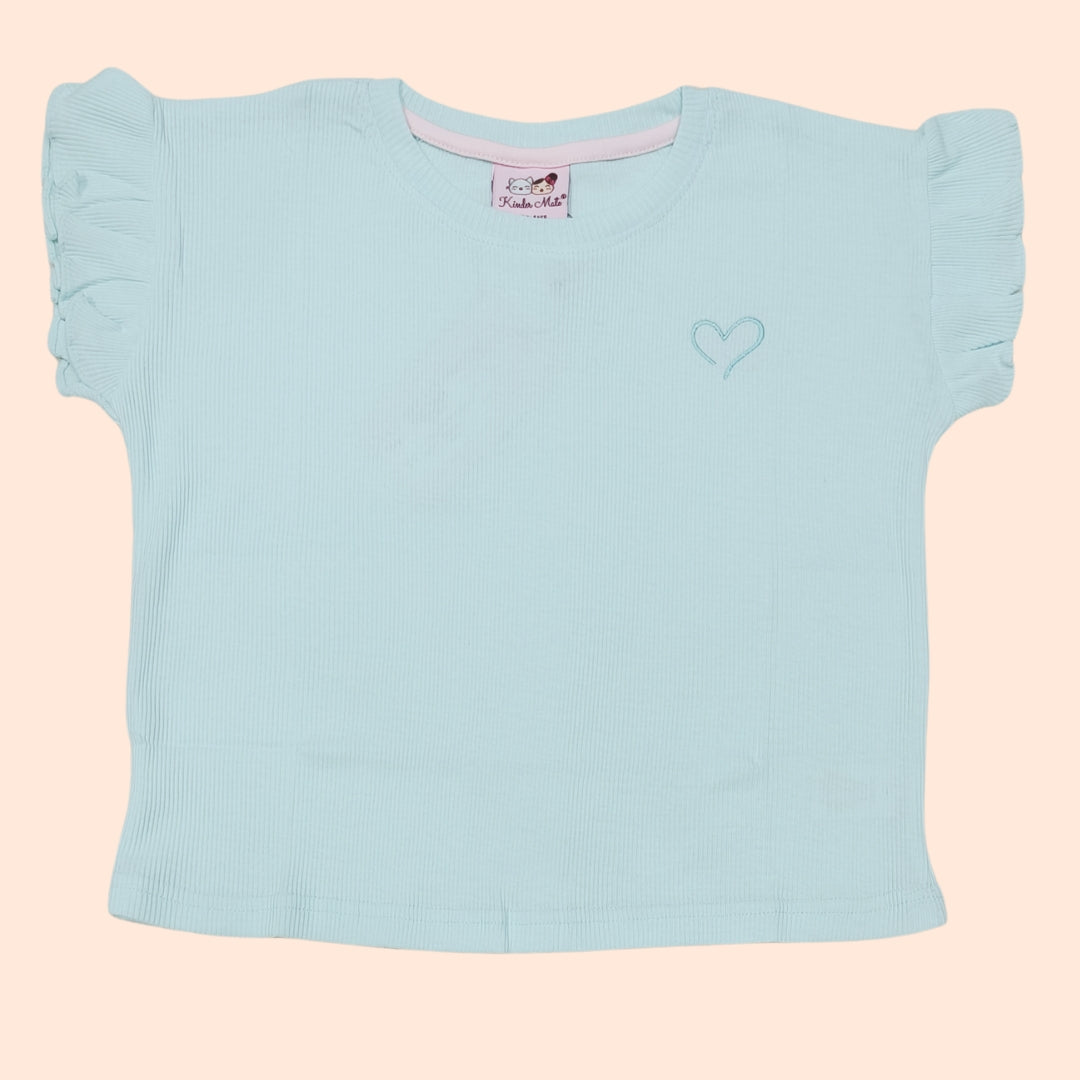 Sky Blue Round Neck Crop Top for Girls with Small Heart Logo | Soft Hosiery Cotton - 2237