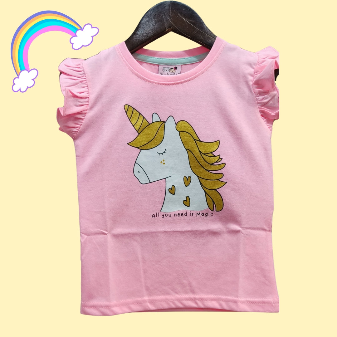 Neon Pink Sleeveless Top for Girls with Unicorn Print | Soft Hosiery Cotton - 2265