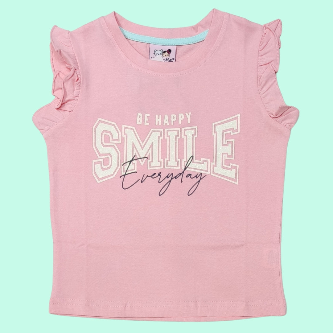 Pink Sleeveless Round Neck Top for Girls with "Be Happy Smile Everyday" Print | Soft Hosiery Cotton - 2303